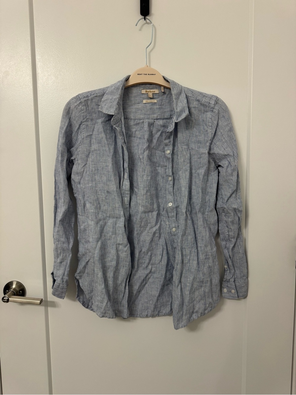 Barbour 100% Linen Light Blue Striped Button-Up Shirt
